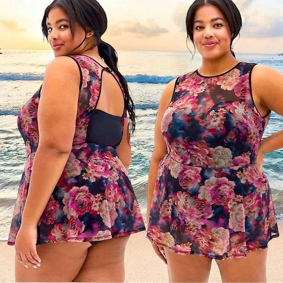 torrid Other - Torrid Rose Floral Underwire Short Mesh Overlay Swim Dress With Brief 0-D/DD NWT